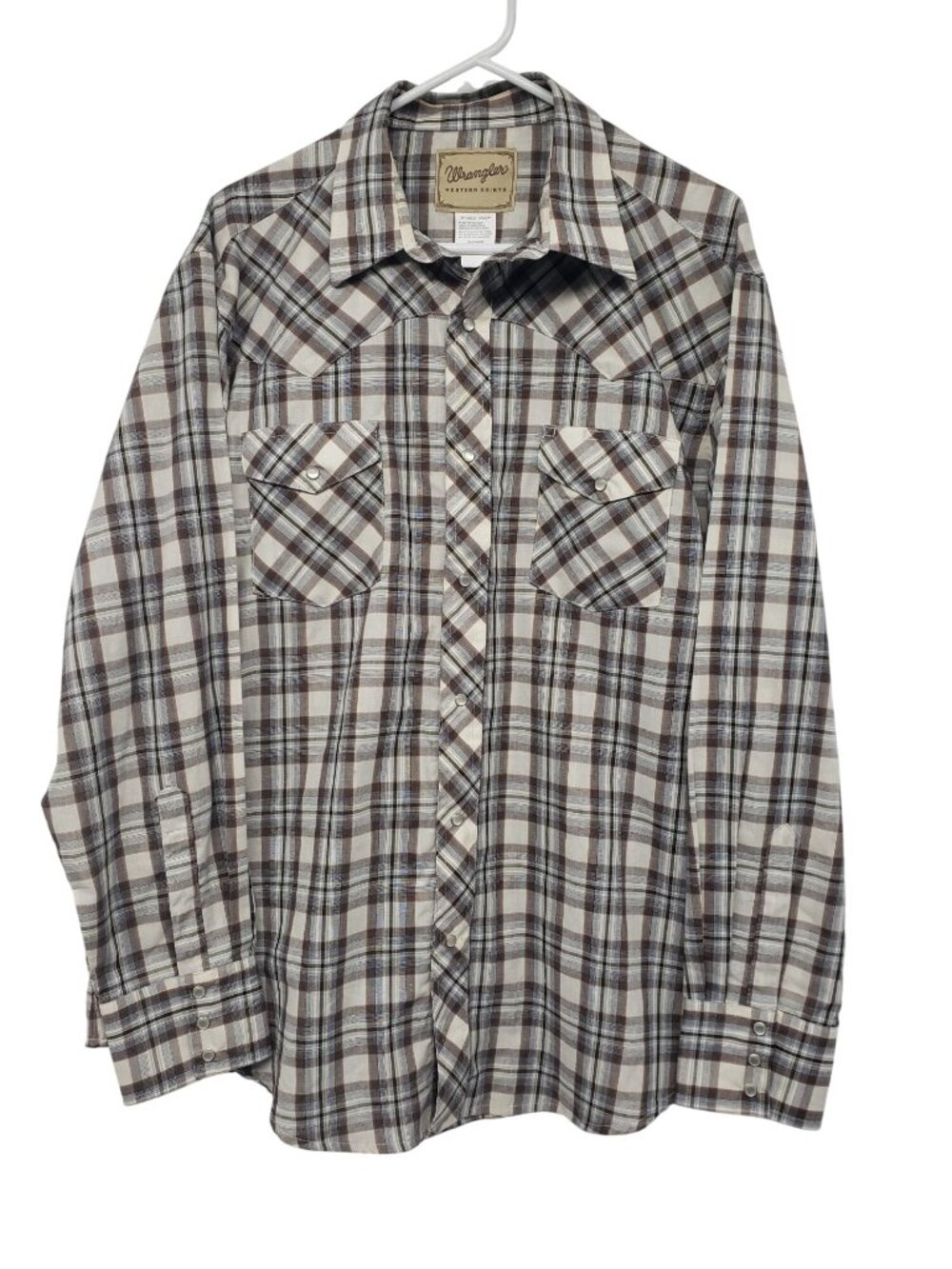 Wrangler Western Shirt Brown White Pearl Snap Buttons Mens XL Long Sleeve